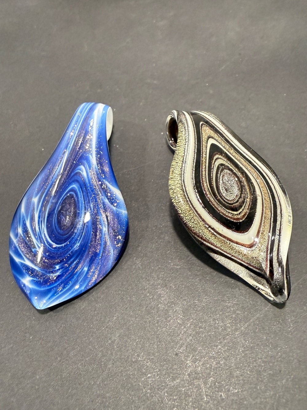 Lot of 2 Glass Teardrop Pendant Charms Blue Swirl & Black/Silver Swirl